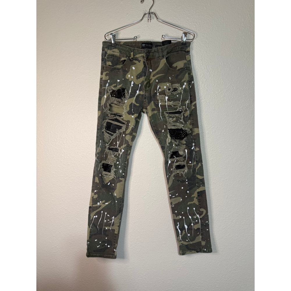 Waimea Mens Camo Paint Splatter Distressed Skinny Moto Jeans Green 34x32
